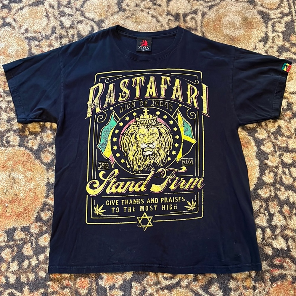 🦁 Zion Rootswear Rastafari Black Tee Shirt Size L Bob Marley VTG